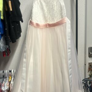 Girls Ivory Lace Bodice Dress with Blush Pink Satin Waistband